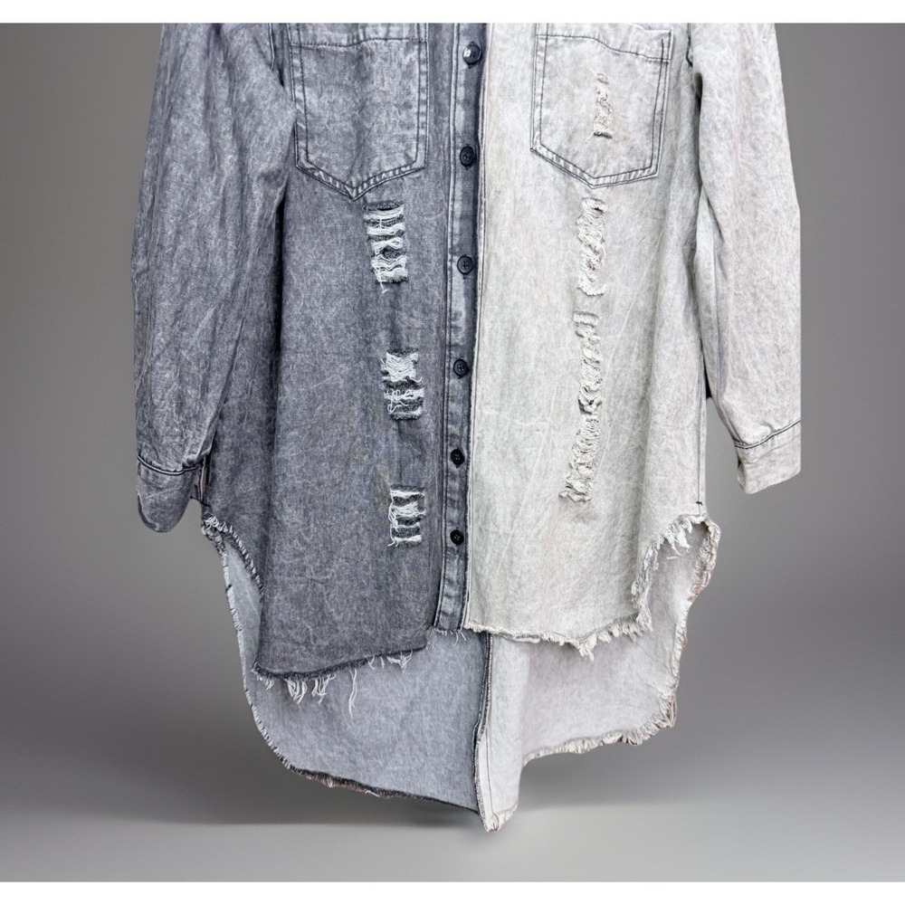 Thrill Jeans Distressed Split Large Denim Shirt Acid Wash Raw Hem Grunge Y2K - Picture 4 of 12